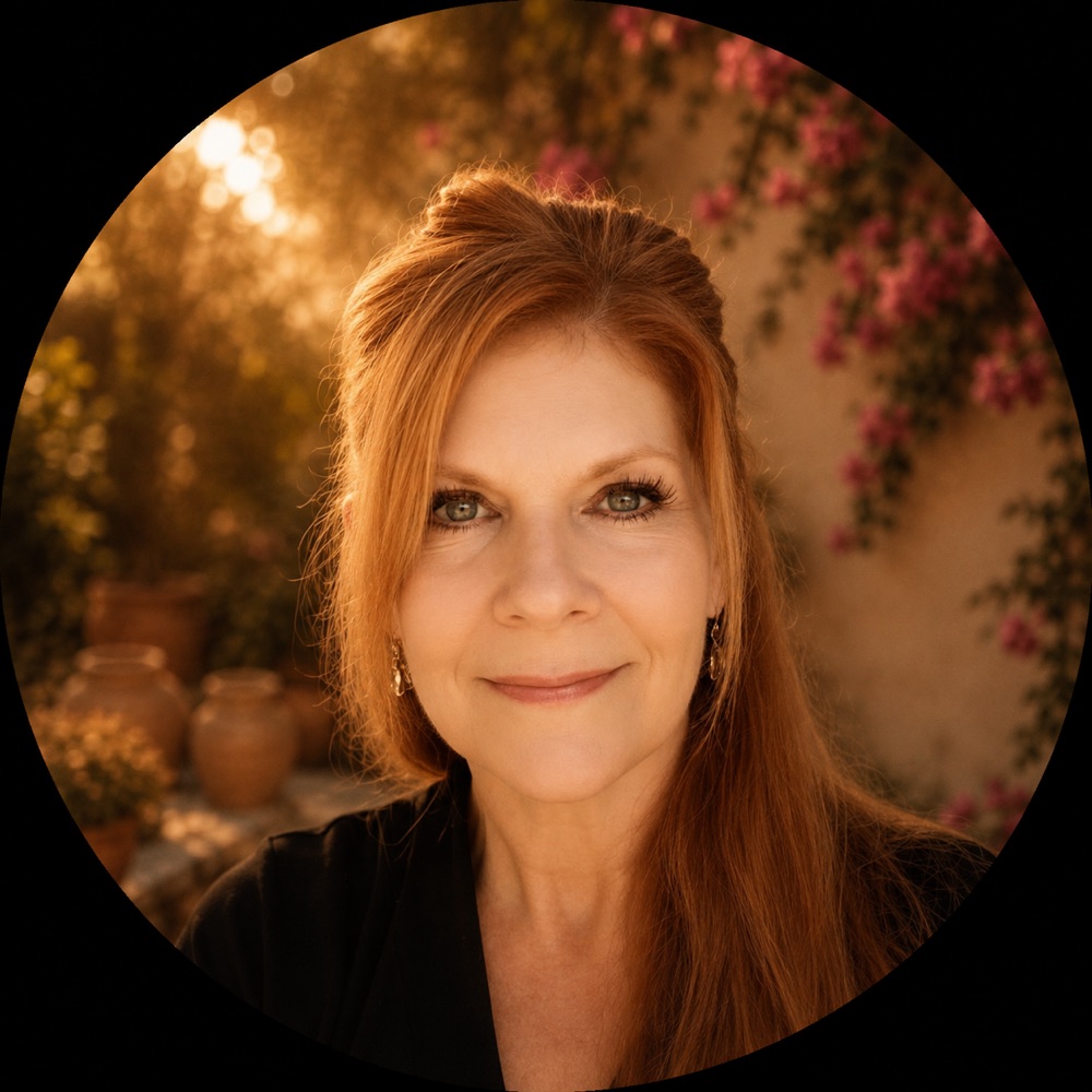 Joan Marie smiling in a sunlit garden